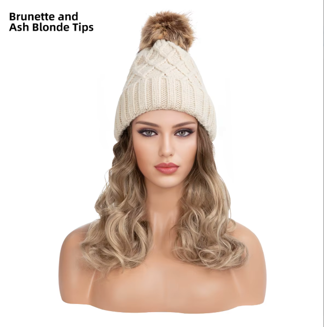 ❄️ Cozy Knit Beanie with Built-In Hair | Removable Pom Pom | Winter Wig Hat - Fits 19.5" - 23" | Brown to Blonde