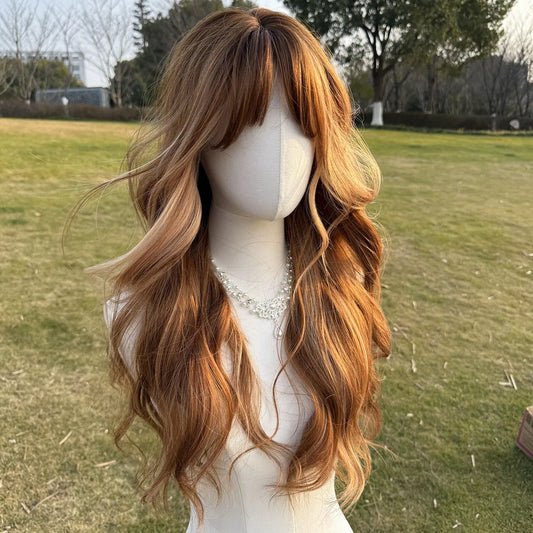 26-Inch Long Curly Wig Highlight Brown Blonde Highlights with Bangs Synthetic Hair