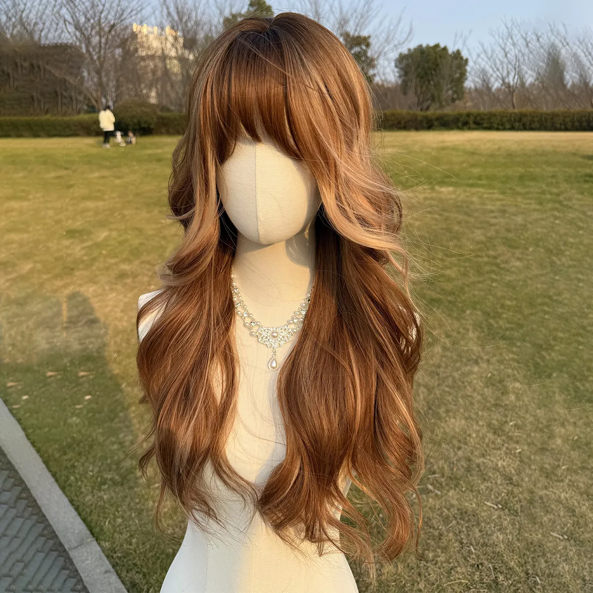 26-Inch Long Curly Wig Highlight Brown Blonde Highlights with Bangs Synthetic Hair
