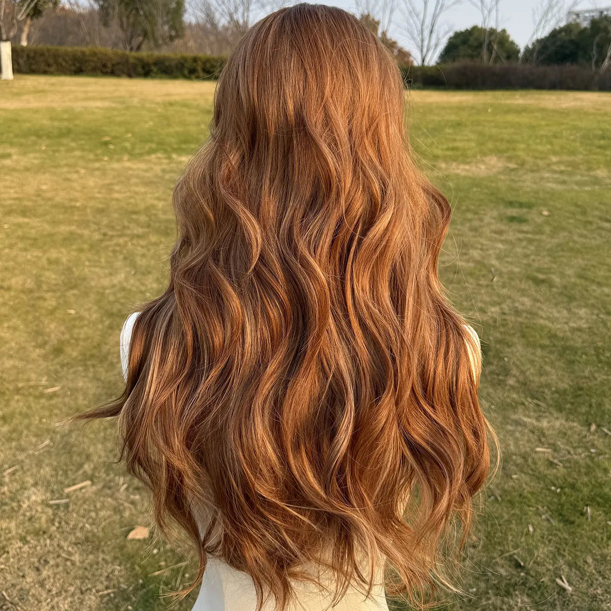 26-Inch Long Curly Wig Highlight Brown Blonde Highlights with Bangs Synthetic Hair