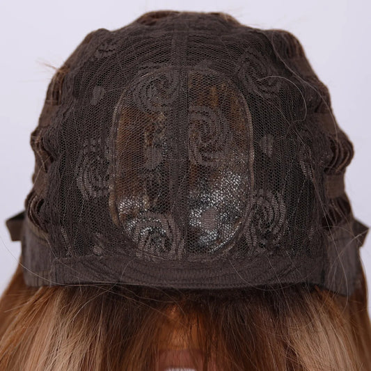 26-Inch Long Curly Wig Highlight Brown Blonde Highlights with Bangs Synthetic Hair