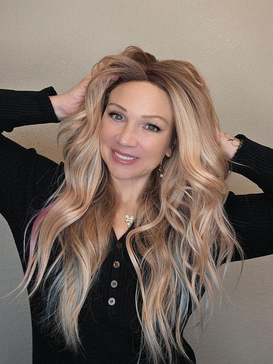 CARKIRA Tina Apricot Rainbow Blonde 22 Inch Wavy 13x4 HD Lace Front Synthetic Wig Glueless Pre-Cut Natural Hairline Heat-Friendly