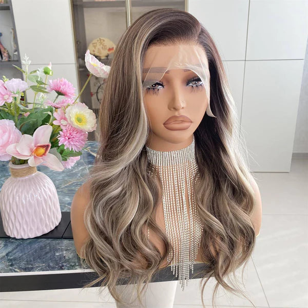 CARKIRA 20" Emma Brunette with Platinum Blonde Highlights 13x4 Lace Front Wig with Medium Cap Unisex Heat Friendly