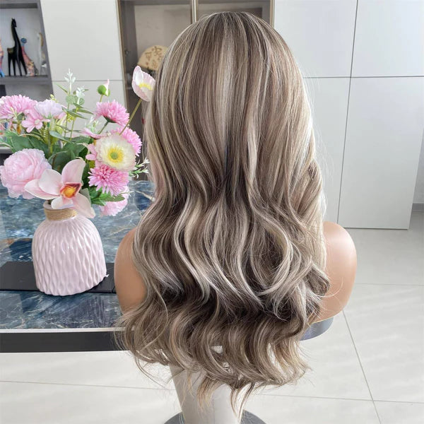 CARKIRA 20" Emma Brunette with Platinum Blonde Highlights 13x4 Lace Front Wig with Medium Cap Unisex Heat Friendly